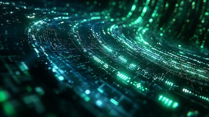 A futuristic binary map design with continents made of glowing 0s and 1s, animated light streams forming connections, vibrant digital blue and green hues,