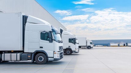 Fototapeta premium Logistics Hub: Three pristine white semi-trucks stand aligned outside a modern warehouse, under a vibrant blue sky. The image evokes efficiency and seamless transportation. 