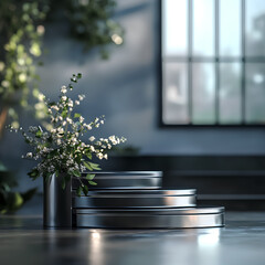 Fototapeta premium A closeup of silver 3d podium on a white table with sunlight from a window