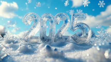 The Number "2025" Carved in Clear Ice Surrounded by Snowflakes and a Blue Sky, Featuring a Heart-Shaped Pattern on the Ground, Creating a Dreamy Atmosphere with Bright Colors and Soft Lighting.