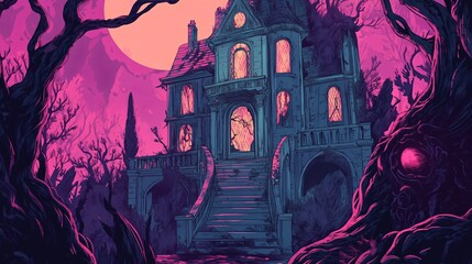 Creepy haunted house in a dark forest at night.