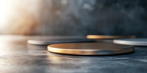 Minimalist circle podium and sparkle gold. A Circular Metal Podium in a Concrete Room with Sunlight
