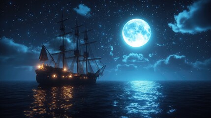 Fototapeta premium Sailing ship at night under a full moon and starry sky.