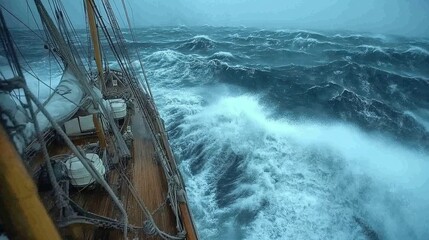 Sailing ship navigating stormy ocean waves.