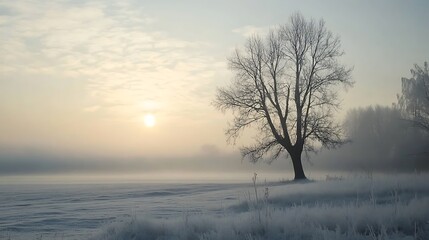 Solitary Tree in a Misty Winter Landscape