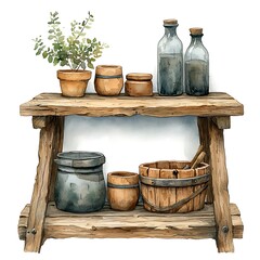 Fototapeta premium Watercolor painting of rustic wooden shelf with potted plants, glass bottles, and wooden containers.
