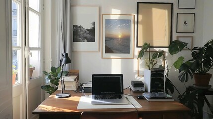 Minimalist Home Office with Laptop and Subtle Art