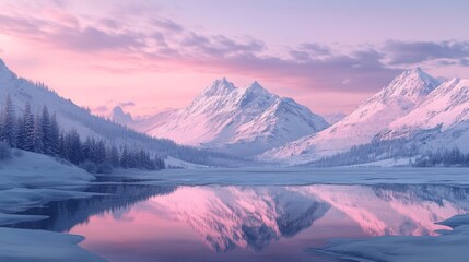 Winter wonderland landscapes, snow-blanketed mountains reflecting soft twilight hues over a calm frozen lake