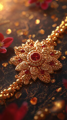Fototapeta premium Luxurious Gold Jewelry with Red Gemstones Indian Wedding Ornament