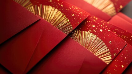 Dynamic red envelope design with overlapping gold and red layers creating depth and a luxurious feel.