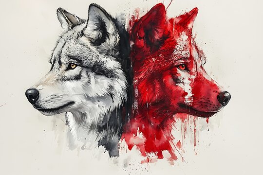 Watercolor Painting of a Gray Wolf and a Red Wolf, Side by Side.