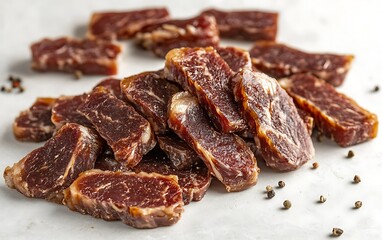 Close-up of stacked, seasoned, and dried beef slices on a marble surface with peppercorns.