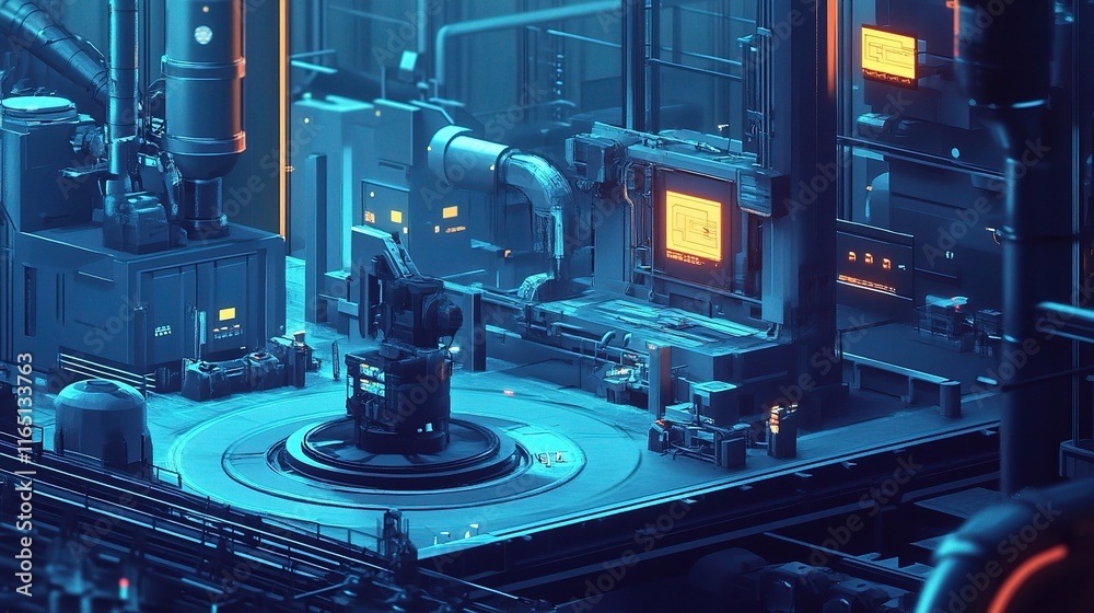 Poster smart digital factory with automated machines in futuristic setting