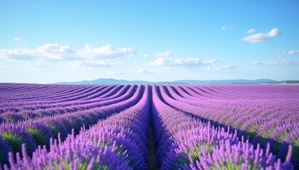 Obraz premium Expansive lavender field in full bloom under a clear blue sky with soft clouds