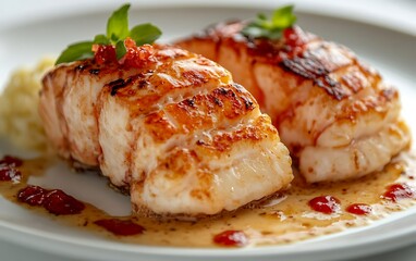 Two grilled fish fillets with sauce and mashed potatoes on a white plate.