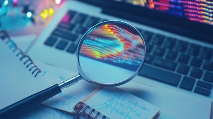 Obraz premium Magnifying Glass on Computer Keyboard with Colorful Reflections