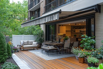 Fototapeta premium Outdoor patio with white and black striped awning, wood flooring, potted plants, table setting, sofa, chairs, flowers, green trees, and white fence. Relaxing garden space with stylish decor.
