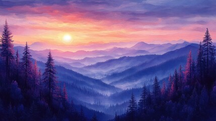 Obraz premium Sunset over hazy mountains with trees.