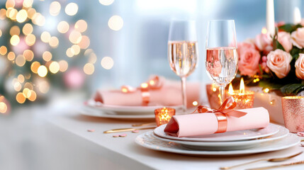 Elegant Valentine Day dinner table setting with pink decor and candles