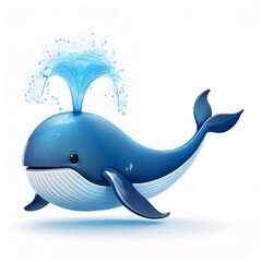 Fototapeta premium Cartoon blue whale playfully splashing water against clean white backdrop, full focus