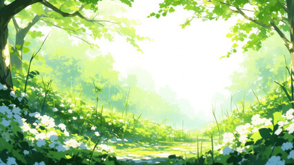 Fototapeta premium Illustration of nature’s renewal featuring spring blossoms, vibrant greenery, and a sense of fresh growth under soft sunlight.