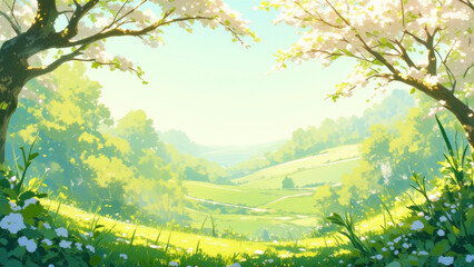 Fototapeta premium Illustration of nature’s renewal featuring spring blossoms, vibrant greenery, and a sense of fresh growth under soft sunlight.