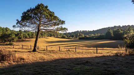 A countryside scene with the shadow of a pine tree creating charm and depth in a rural landscape 