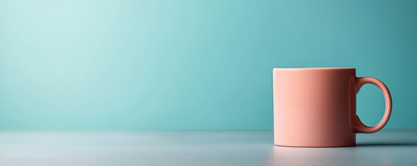 Pastel coffee idea. A minimalist pink mug on a smooth surface against a pastel turquoise backdrop.