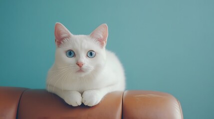A White Cat With Striking Blue Eyes Rests On A Brown Couch