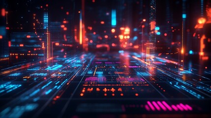 Fototapeta premium A global map of business data flow, with cascading light arcs linking continents, pulsating nodes symbolizing trade centers, floating holographic charts,
