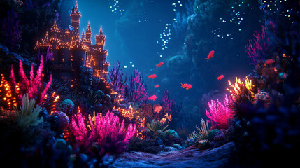 Fototapeta premium Fantasy Inspired Mythical Illustration of an Underwater Castle