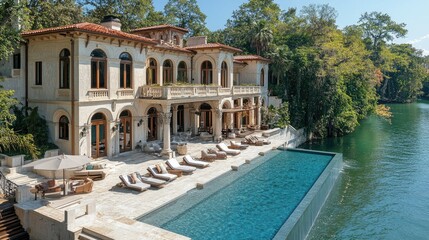 Fototapeta premium Luxurious waterfront villa with infinity pool, expansive patio, and lush landscaping.