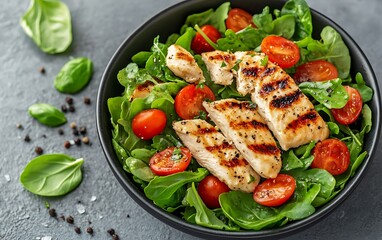 Grilled chicken breast salad with cherry tomatoes and spinach in a black bowl.