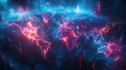 A glowing binary-themed world map featuring cascading 0s and 1s forming the continents, data streams connecting major regions, vibrant electric blue tones, and a sleek cyberpunk background.