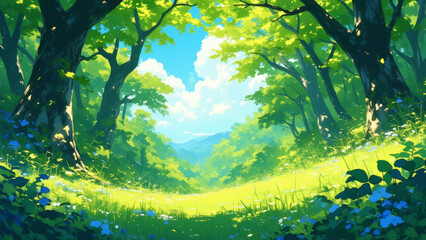Fototapeta premium Illustration of a rejuvenated forest filled with lush greenery and vibrant growth, symbolizing the harmony of spring.