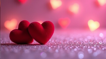 Two Red Heart Shaped Placed on a Sparkling, Glittery Surface With a Gradient of Pink and Purple Background Showcasing a Heart Shape Bokeh Effect.