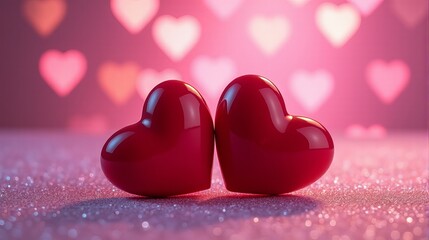 Obraz premium Two Red Heart Shaped Placed on a Sparkling, Glittery Surface With a Gradient of Pink and Purple Background Showcasing a Heart Shape Bokeh Effect.