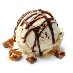 Creamy vanilla ice cream scoop drizzled with rich chocolate sauce and surrounded by caramel chunks on a clean white background