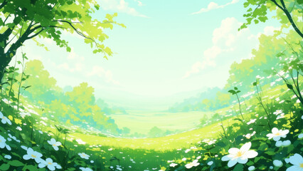 Fototapeta premium Illustration of a rejuvenated forest filled with lush greenery and vibrant growth, symbolizing the harmony of spring.