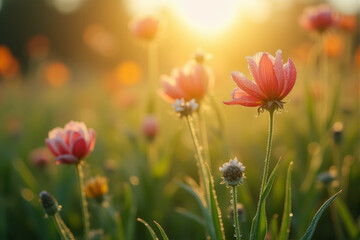 Fototapeta premium A photo of spring flowers and budding plants surrounded by vibrant growth, symbolizing renewal..
