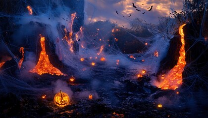 Fototapeta premium Eerie Halloween Lava Flow Scene with Jack o lanterns and Spiderwebs