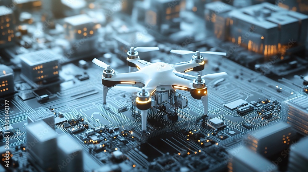 Poster high-tech 3d model of smart factory with automated processes and drone