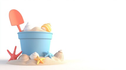 Playful Beach Bucket with Sand and Shells on White Background - Cartoon Style 3D Rendering for Summer Fun and Vacation Vibes