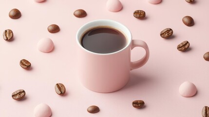 Obraz premium Pastel coffee idea. A pink coffee cup surrounded by coffee beans and treats on a pastel background.