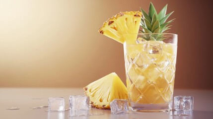 Refreshing Tropical Drink 3D Illustration with Pineapple Slice and Ice Cubes in Cartoon Style