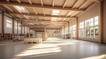 Obraz premium Clean and Empty Factory Storehouse with Detailed 3D Interior Design