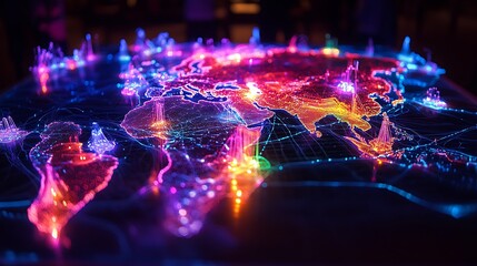 Fototapeta premium A glowing global map with key tech hubs illuminated by bright neon nodes, connected through intricate pathways of data streams, overlaid with holographic grids and circuit patterns,