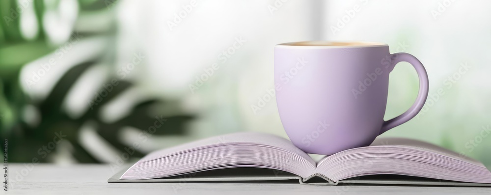 Poster pastel coffee idea. a cozy scene featuring a pastel mug resting on an open book with greenery in the
