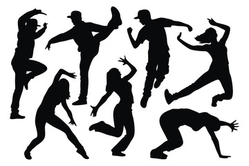 Men and women street dance hip hop dancers silhouettes set isolated flat vector illustration on white background