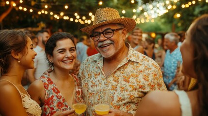 A group of people are gathered together, smiling and holding glasses of wine
